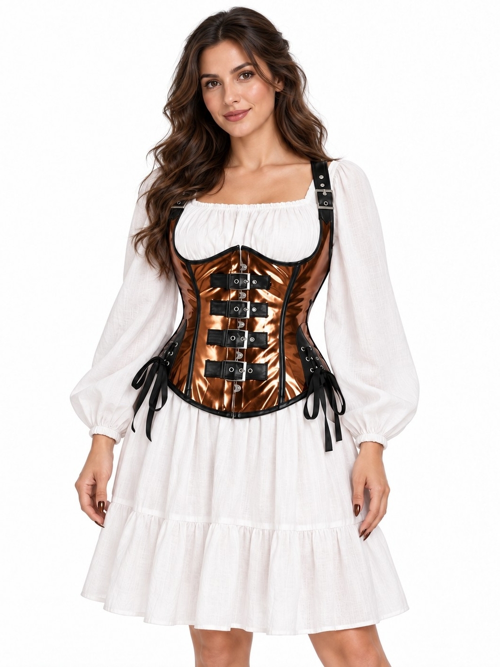Metallic Copper Buckle Front Corset with Black Trim